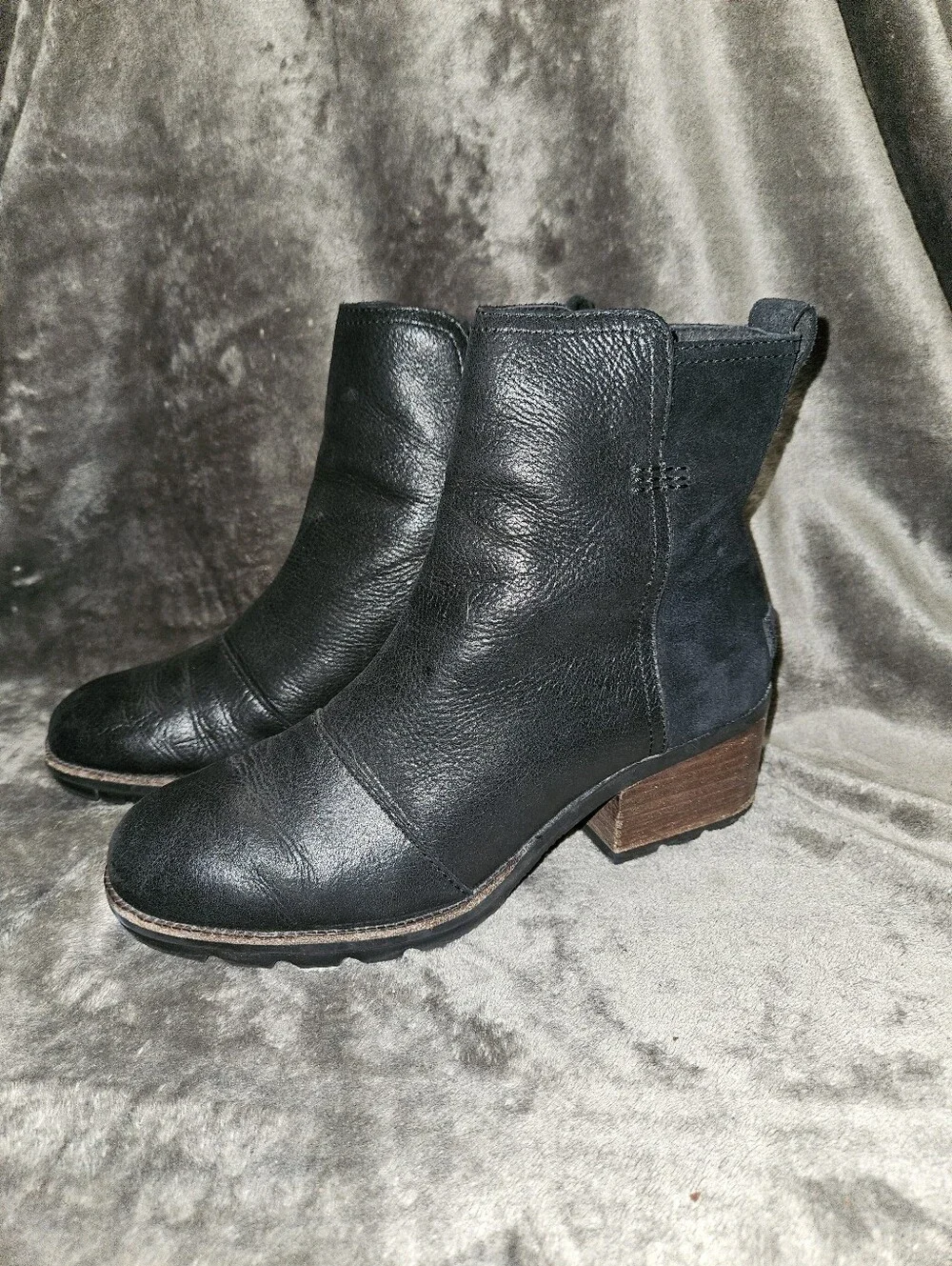 Sorel Cate Black Waterproof Leather Suede Zip-Up Ankle Booties Block Heel 7.5
